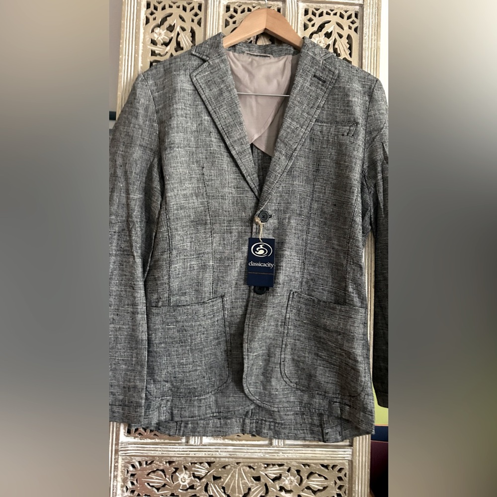 New Linen Silk Blazer Men's Sport Coat Two Button Blue Gray Textured Summer